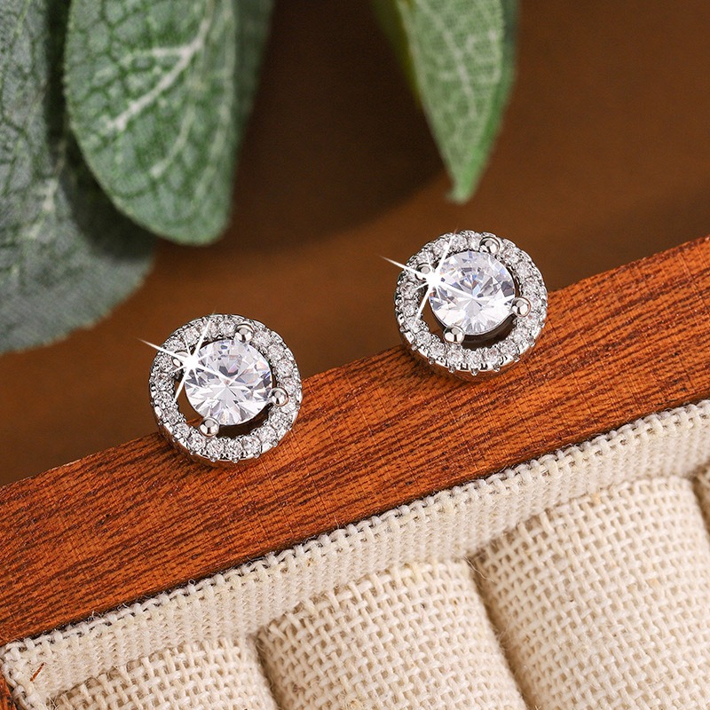 New 925 Sterling Silver Luxury Shiny Round Zircon Stud Earrings - Fashion, Women's, Wedding, Charm, Jewelry,
