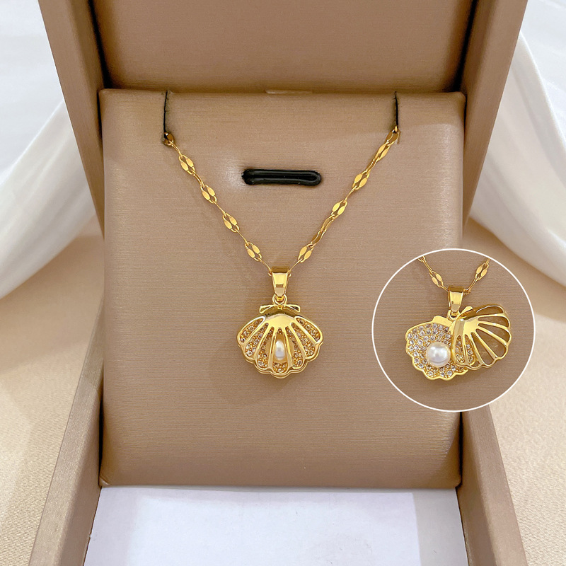 Korean Light Luxury Shell Pearl Necklace For Women Stainless Steel Micro Inlaid Zircon Love Heart Moon Choker Wedding Jewelry Bles Online DZ-23B-27