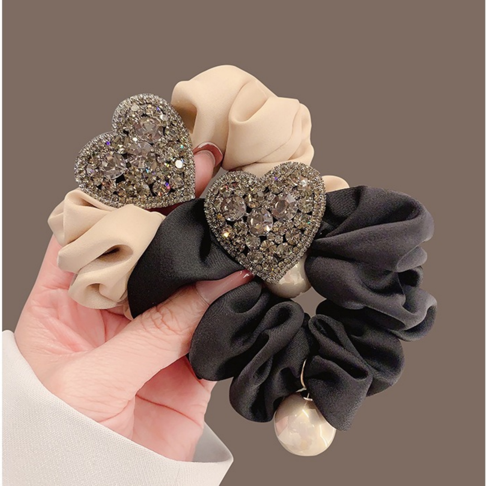 1PC Sparkly Heart Scrunchies, Black/Beige With Rhinestone & Pearl Decor, Elegant Retro-Style Hair Ties For Women