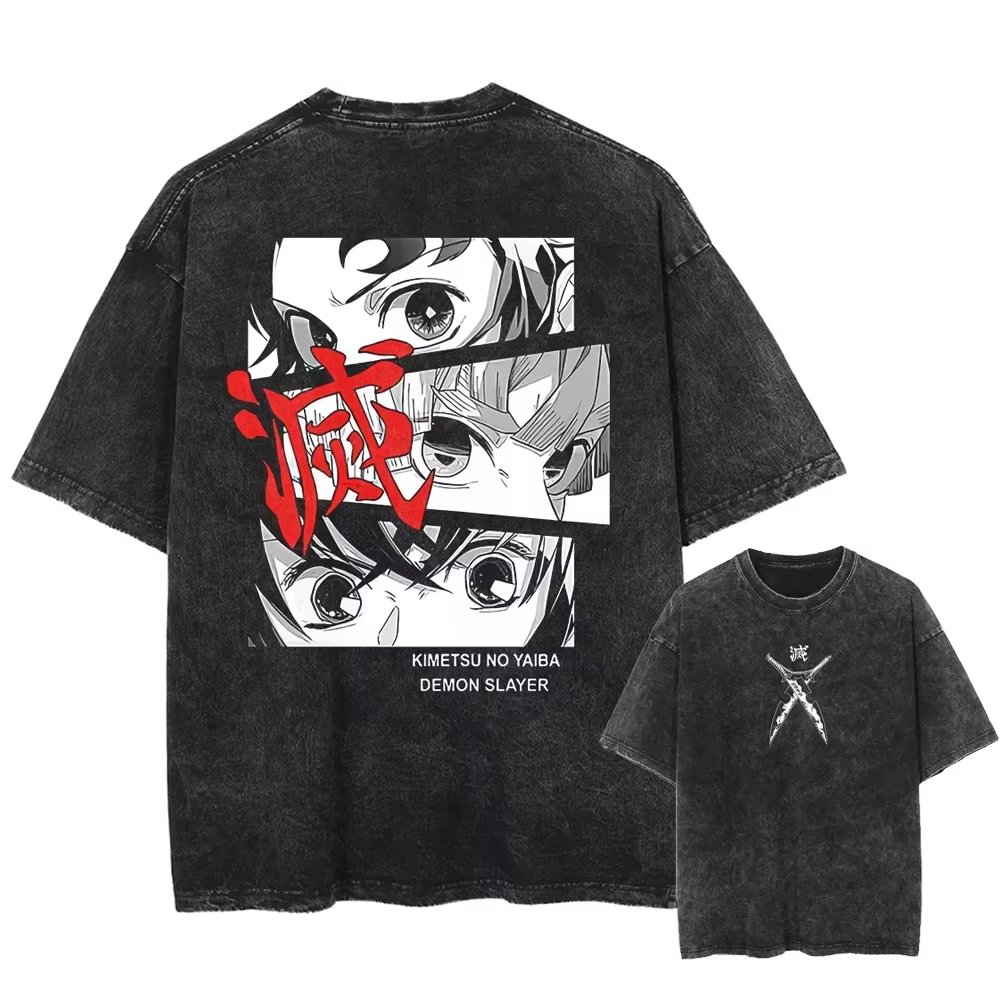 2026 New Demon Slayer Graphic High Quality T-Shirt Men and Women Cotton Vintage Washed Print Streetwear Gym Clothes
