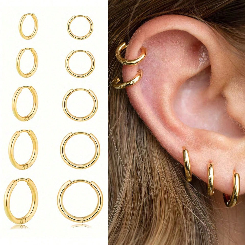 1/5 Pairs of Huggie Hoop Earrings for Women, 14K Gold Plated Stainless Steel Lightweight Hypoallergenic Hinged Small Thin HoopS