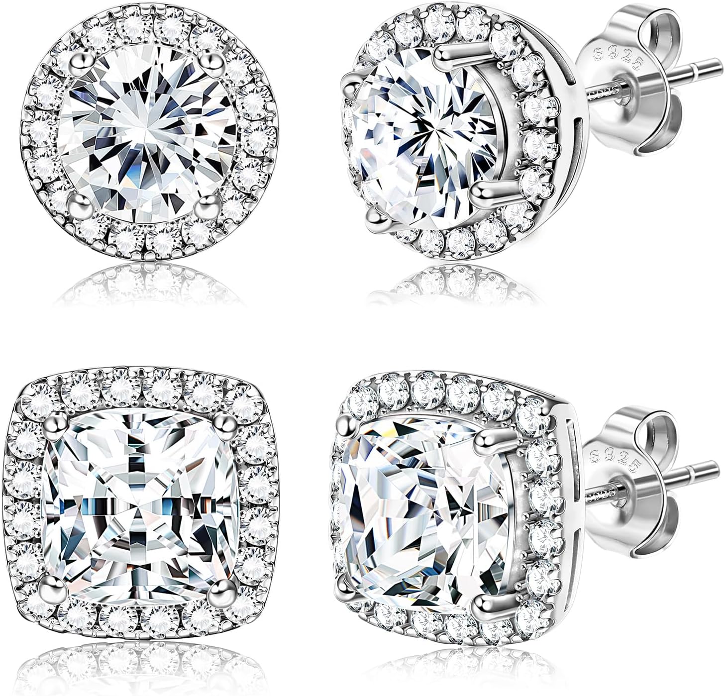 2 pairs 18K Gold Plated Halo Stud Earrings Cubic Zirconia Stud Earrings Round Square Diamonique Stud Earrings Set for Women Men