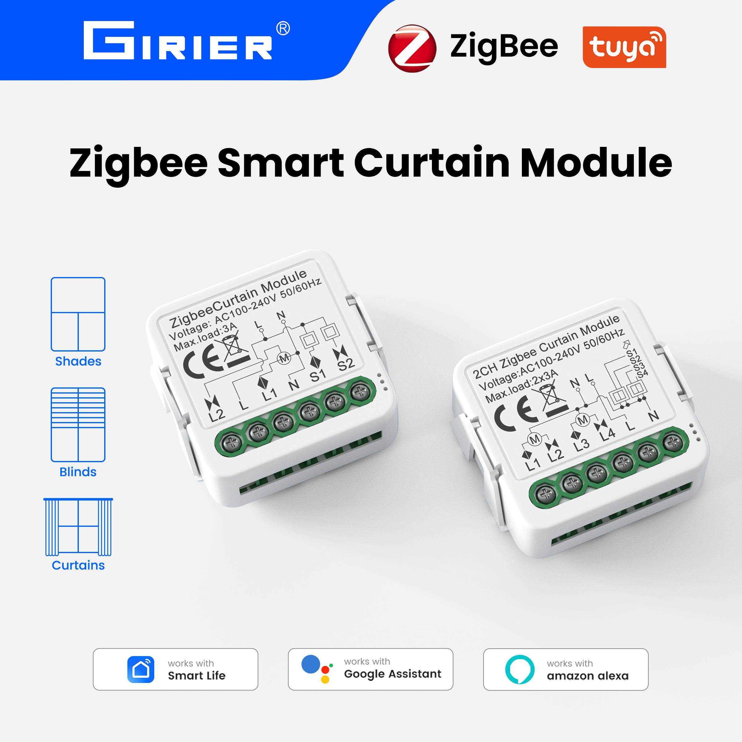 GIRIER Tuya Smart Wi-Fi RF433 ZigBee Curtain Switch Module for Electric Roller Shutter Blind Motor 1/2CH Works Hey Google Alexa