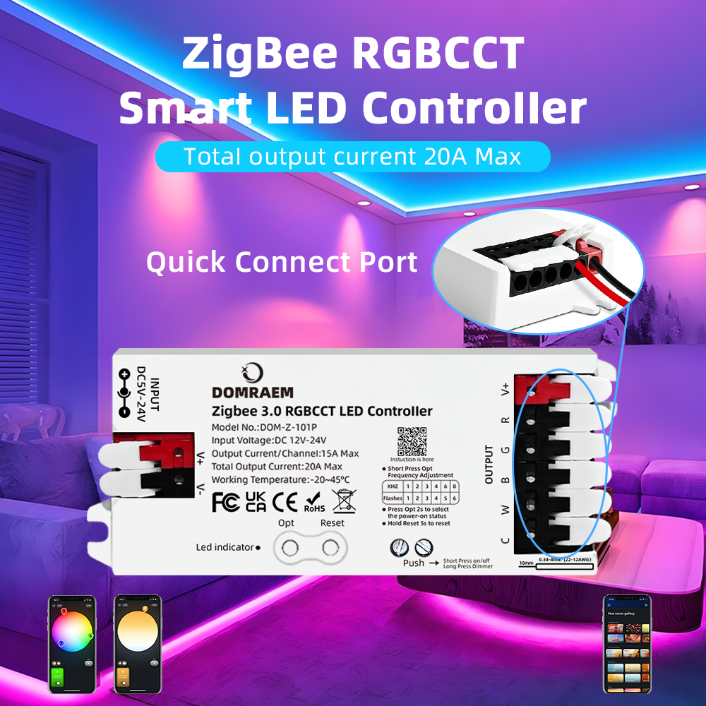 DOMRAEM Zigbee 3.0+2.4G RGBW RGBCCT LED Controller DC12-24V 20A Works with Hu*e/Echo Plus Etc. Alexa Voice APP Control