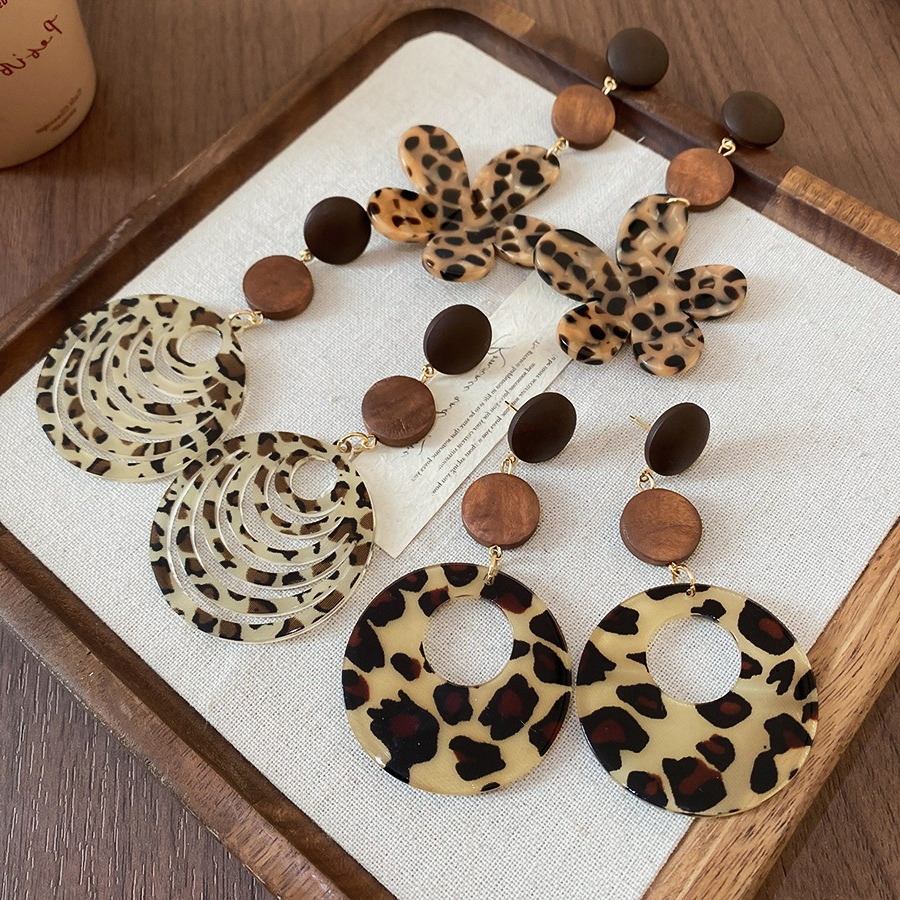 3 Styles Retro Resin Leopard Print Flower Dangle Earrings Hollow Out Round Wood Pendant Earring Trendy Acrylic Ear Jewelry K1