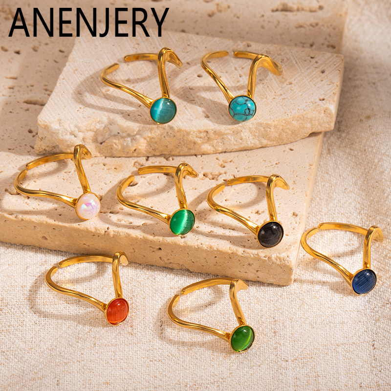 ANENJERY 316L Stainless Steel Colorful Stone Irregular Twisted Lines Open Ring for Women Niche Korean Fashion Jewelry