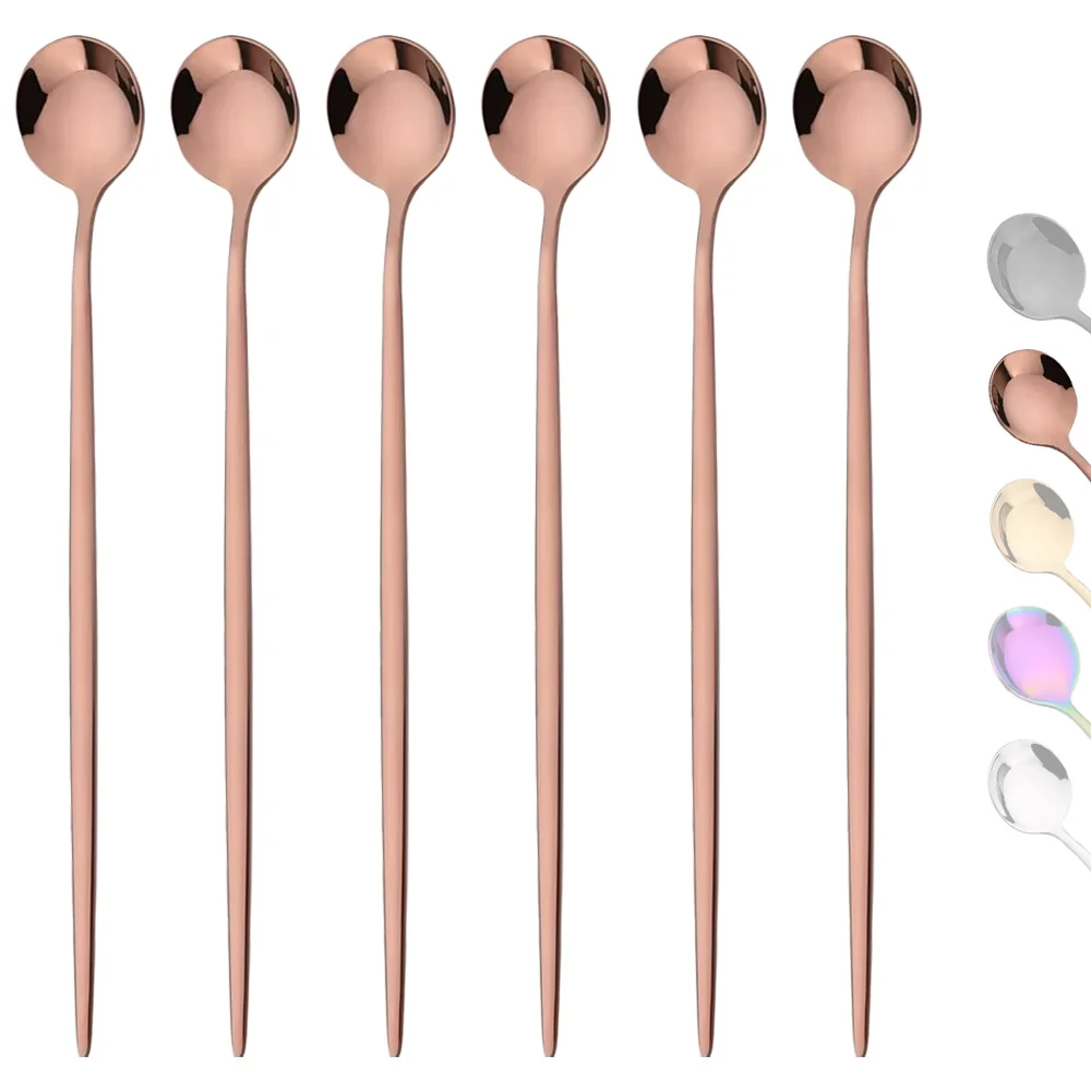 6pcs/Set Long Handle 7.4-Inch Leaf Teaspoons Gold Stainless Steel Coffee stirring spoon Kitchen Tools