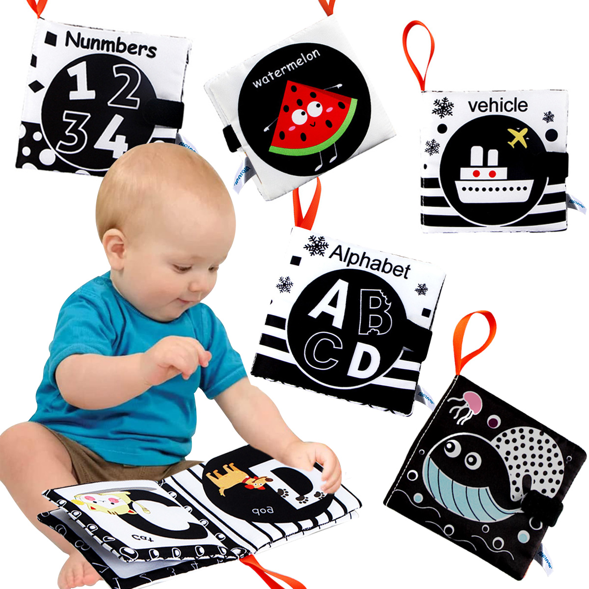 Soft Cloth Books Baby Books Cloth Books for Baby Infant Toddlers, High Contrast Black and White Crinkle Washable Early Education