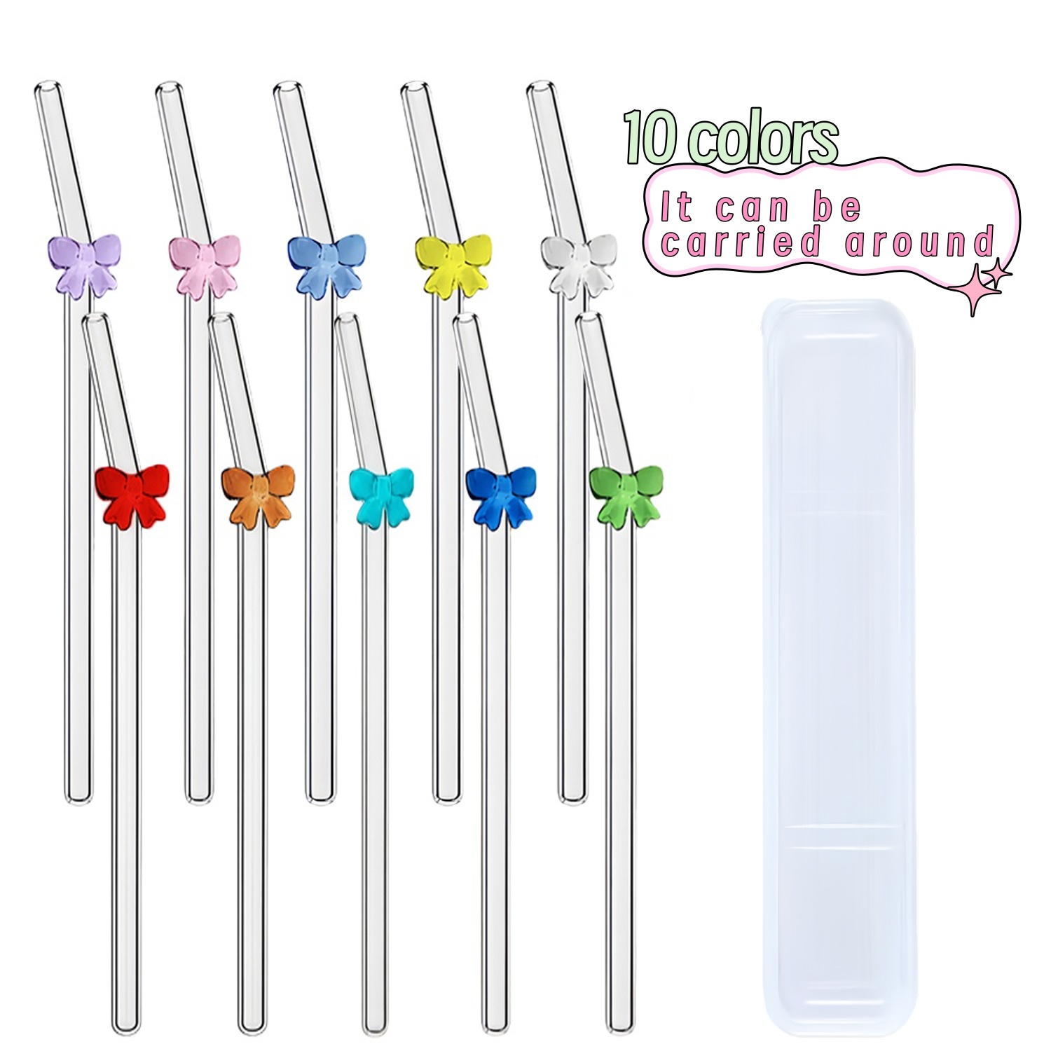 Single Bow Glass Straw Set with Carry box Easy to Clear and Take-out , Reusable Drinking Straws as Dialy Use Pretty