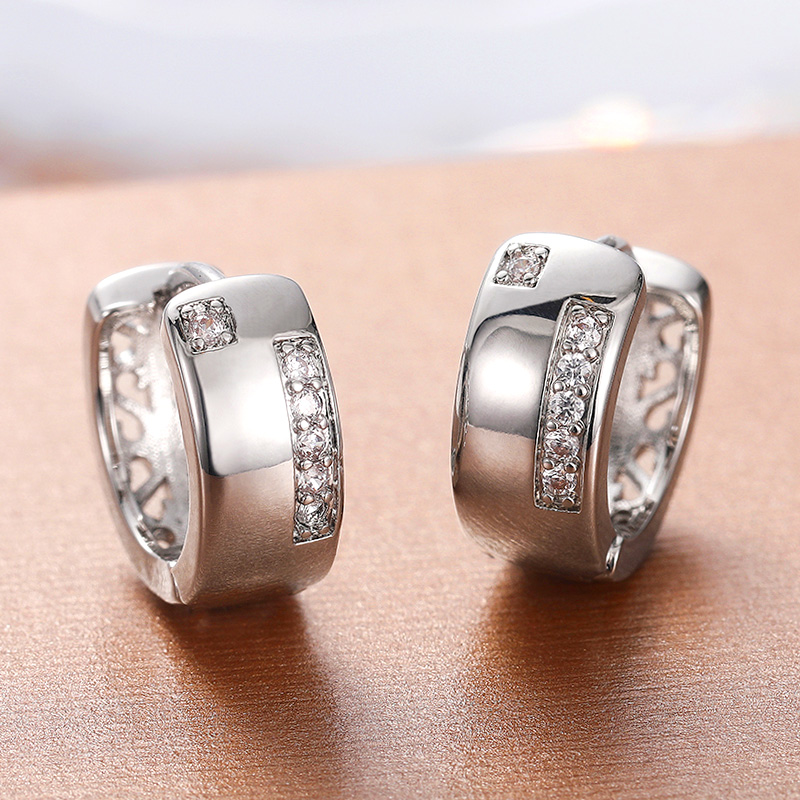 Huitan Small Hoop Earrings For Women Hollow Out Design White Zirconia Stone Simple Stylish Circle Loop Jewelry Versatile Earring