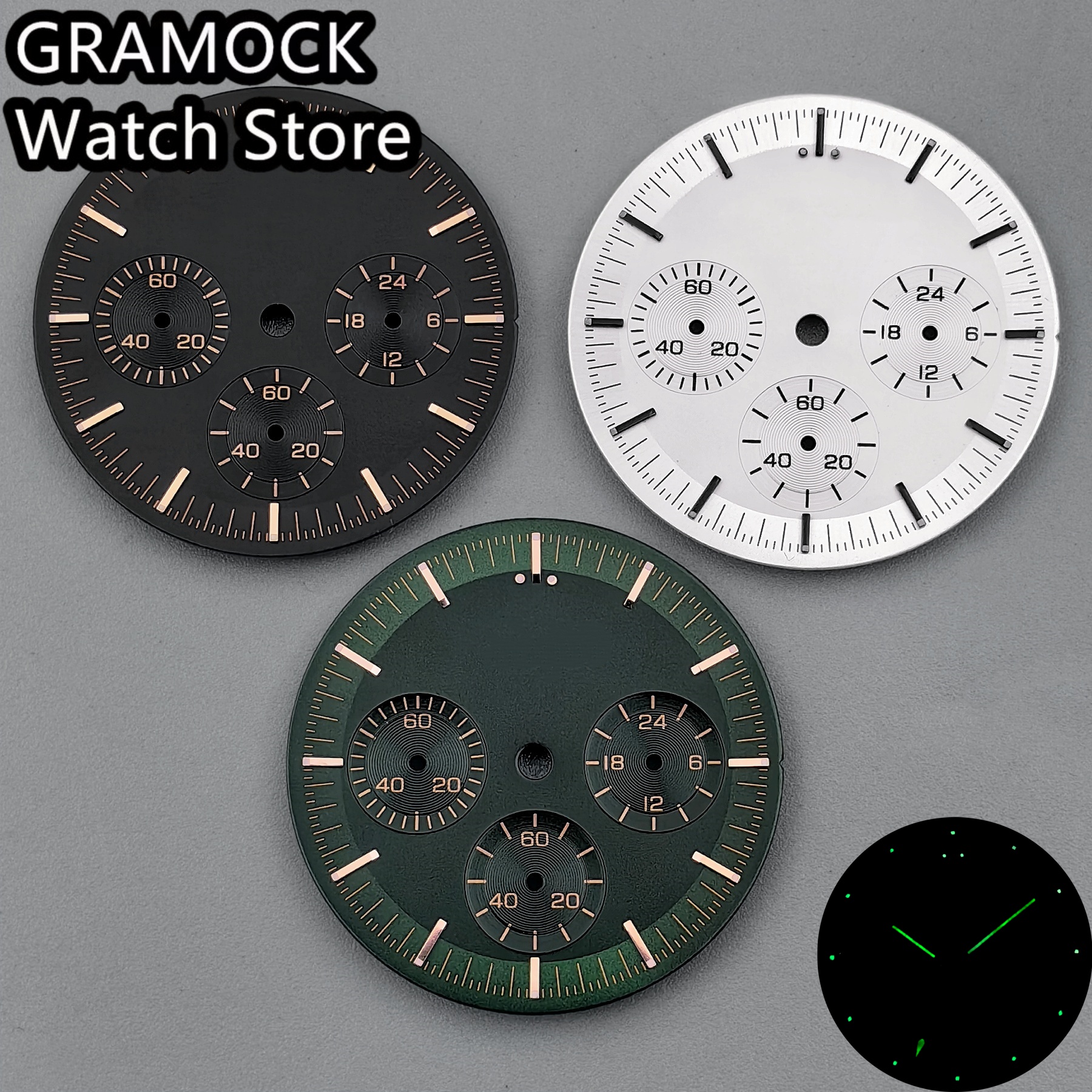 GRAMOCK No Logo Luminous 31.5mm Black Green White Moon Watch Dial 6 Hands For VK63 VK63A Men's Quartz Watch Replacement Part
