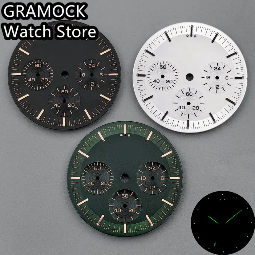 GRAMOCK No Logo Luminous 31.5mm Black Green White Moon Watch Dial 6 Hands For VK63 VK63A Men's Quartz Watch Replacement Part