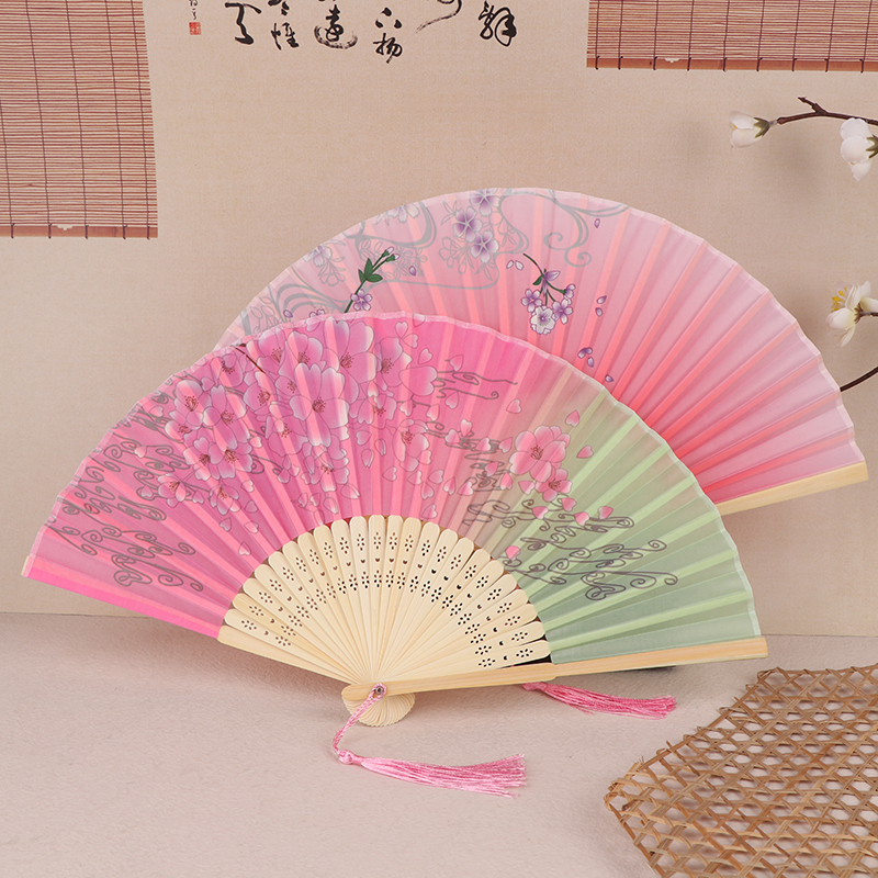 [SH]1Pc Vintage Printed Silk Folding Hand Fan Tassel Chinese Bamboo Fans Women Dance Performance Props Home Decoration Ornaments