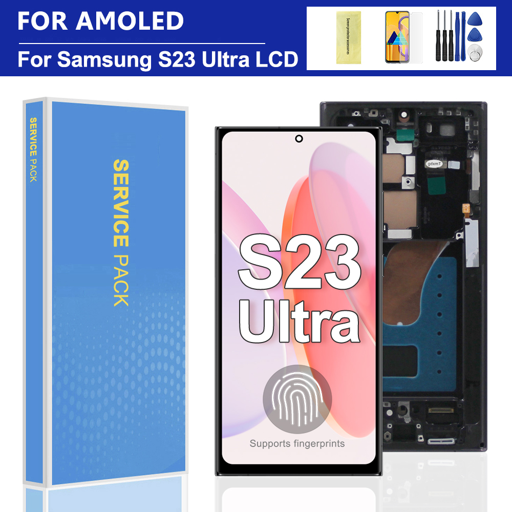 For S23 Ultra 5G AMOLED LCD Display Touch Screen Digitizer Replacement for SM-S918B G918 with Frame