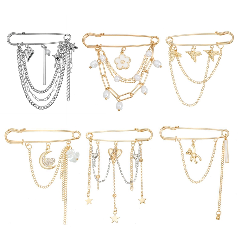 1PCS Retro Star Love Pearl Chain Tassel Brooches Elegant Women Clothing Decor Accessories Bag Pendant Suit Pins