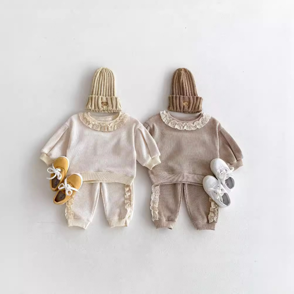 2024 Autumn Sweet Floral Lace Stylish Sweatshirt + Pants Korean Baby Girls' Casual Loose 2-Piece Set
