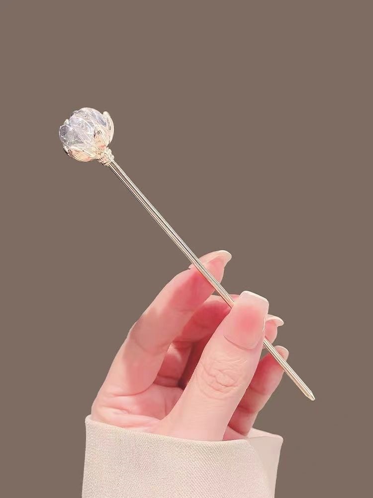 Crystal Lotus Hairpin for Women, Ancient Style, New Chinese Style, Simple Modern High-End Hairpin, Flower-Shaped Hairpin, Hanfu