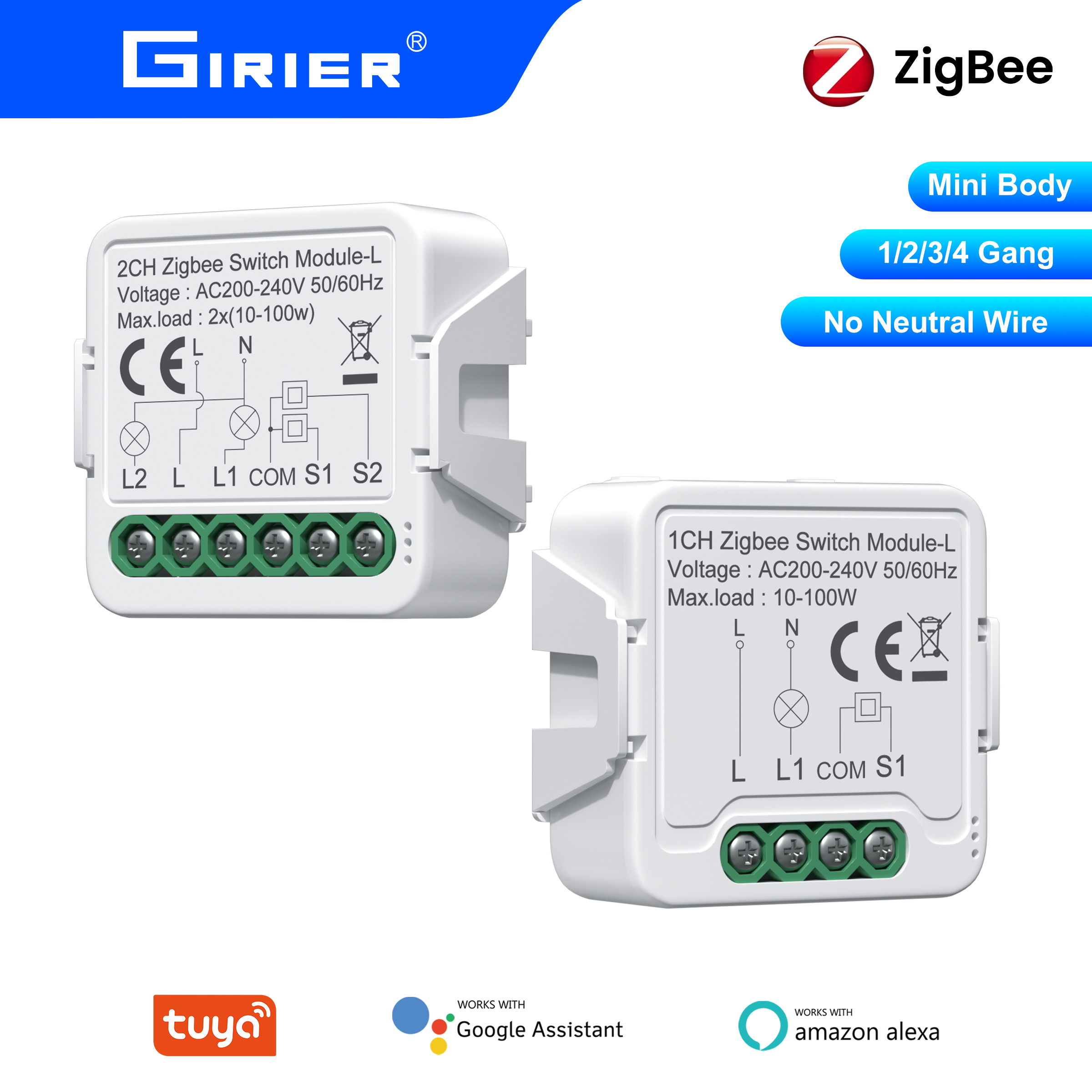 GIRIER Tuya ZigBee Switch Module Neutral Wire Required Smart Home DIY Breaker Relay Supports 2-way Control Work Alexa Hey