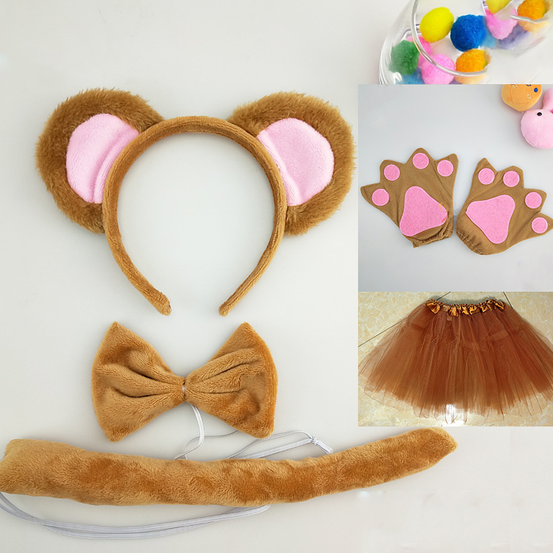 Little Monkey Headband Cosplay Kawaii Animal Halloween Party Costumes Accessories Brown Bear Ears Headband Tie Tail Skirt