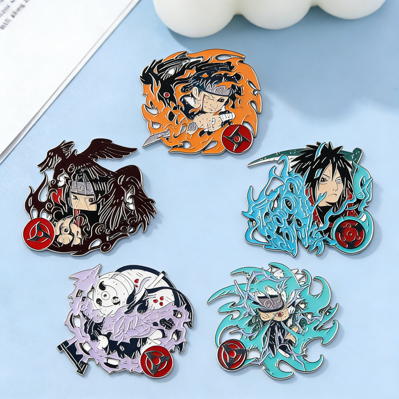 Anime Naruto Uchiha Clan Enamel Brooch Badge Ninja Character Uchiha Itachi Metal Madara Shisui Kakashi Lapel Pins For Fans