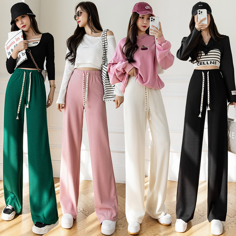 2025 Summer New Women Fashion Casual Ice Silk Wide Leg Pants Solid Color High Waist Look Slim Comfortable Straight Leg Pants