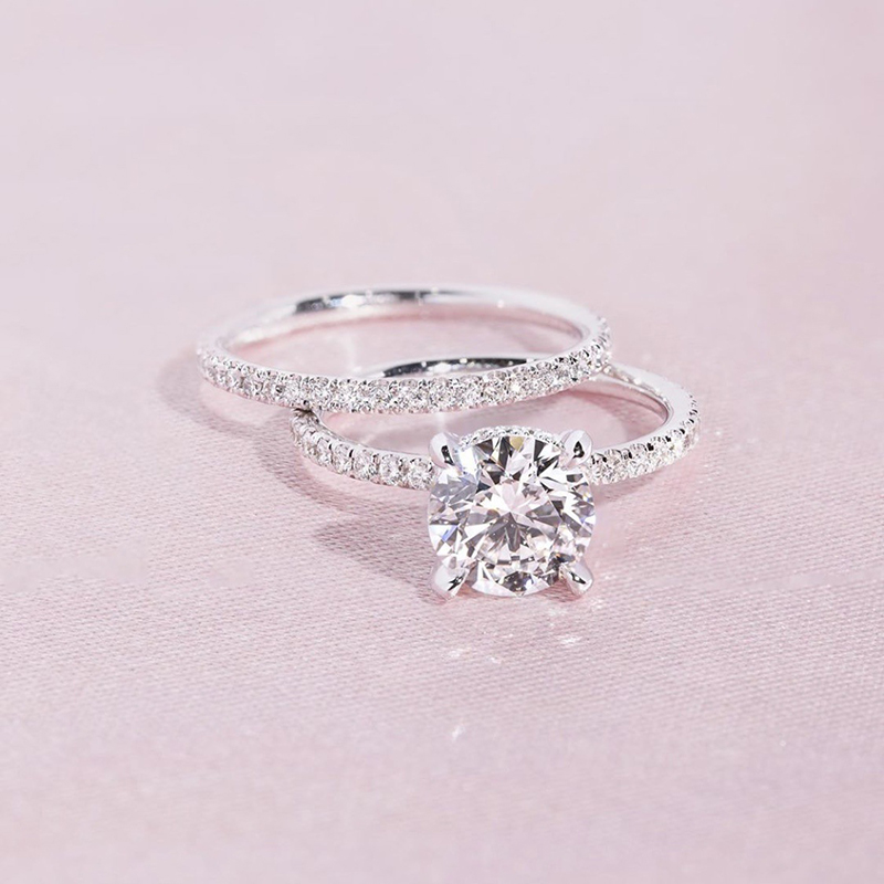 Huitan Double Stackable Set Rings Women for Wedding Luxury Gold Color AA Cubic Zirconia 2Pcs Rings Engagement Party Jewelry