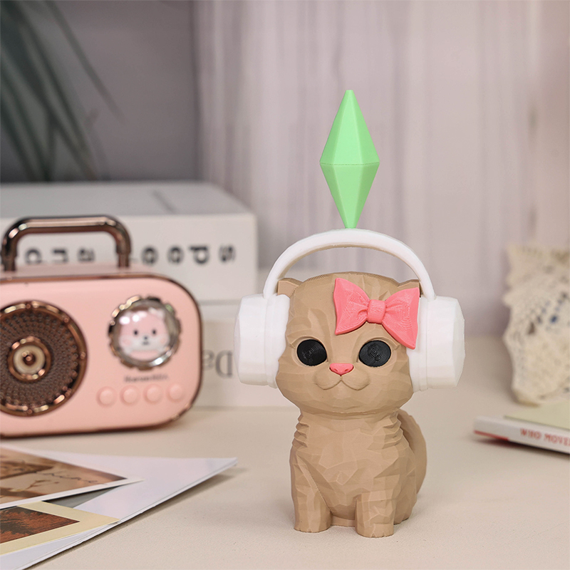 3D Printed Cat Figurine with Headphones Head-shaking Dance Cat, Cute Geometric Kitten Statue,Home Desk Decor, Car Decor