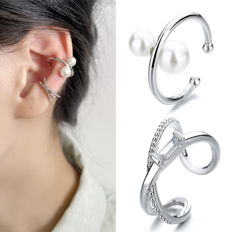A Girl 2Pcs/set Simple Intersection Layer Line Imitation Pearl Earrings for Women No Piercing Ear Cuff Jewelry Accessories