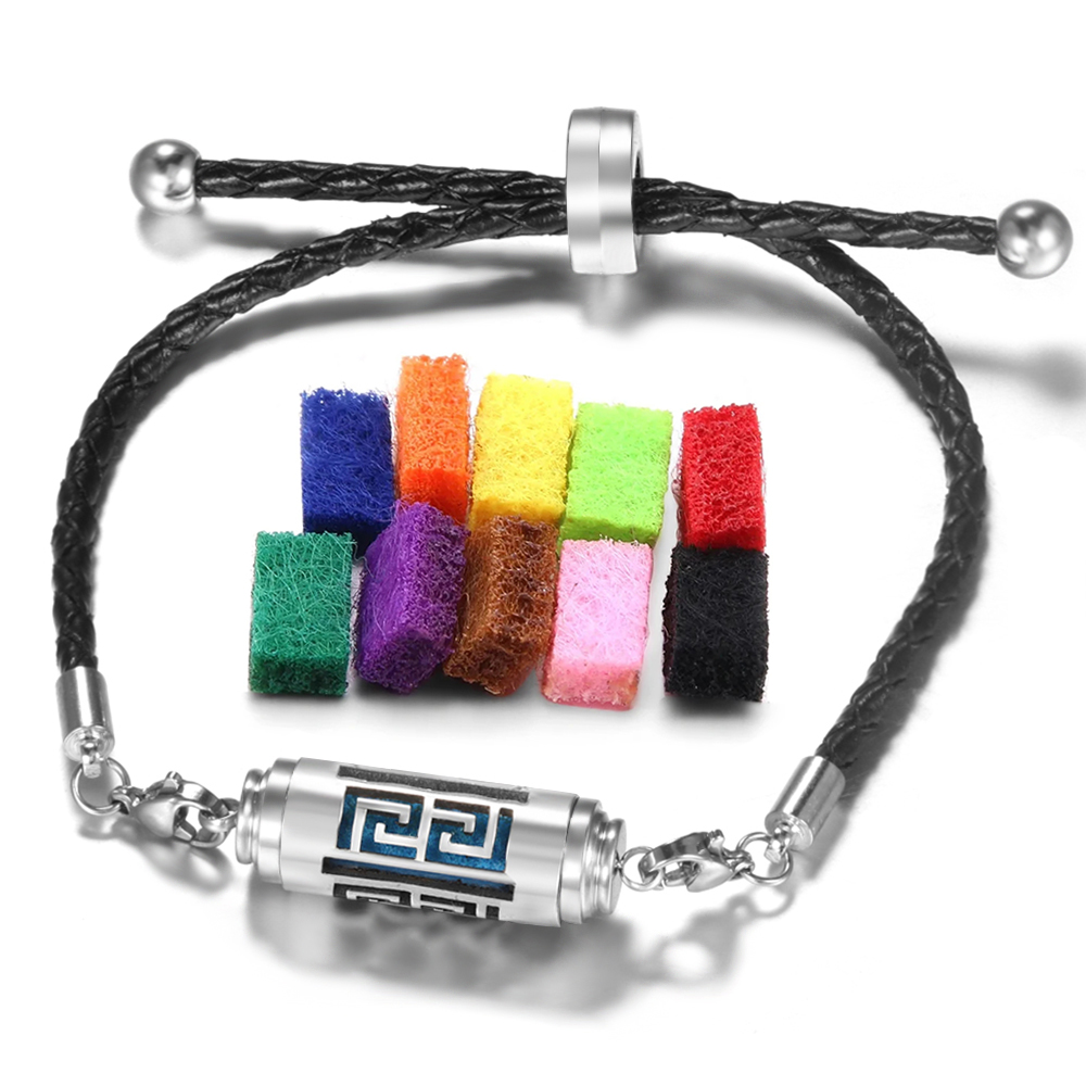 1Pcs/lot Wholesale Black Leather Stainless Steel Aromatherapy Bracelet Diffuser Jewelry Perfume Essential Oil Diffuser Bracelet