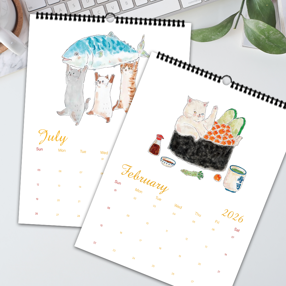 1pc 2026 Wall Calendar, Cute Japanese Cat Design, Sushi Cats, 12 Months Monthly Plan, Perfect Gift for Birthdays & Holidays
