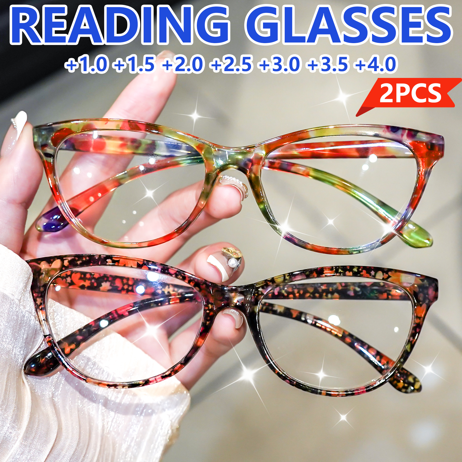 2pcs Stylish Cat-Eye Womens Reading Glasses, Classic Print Design Anti-Blue Light Comfortable Wear Glasses for Book Reading