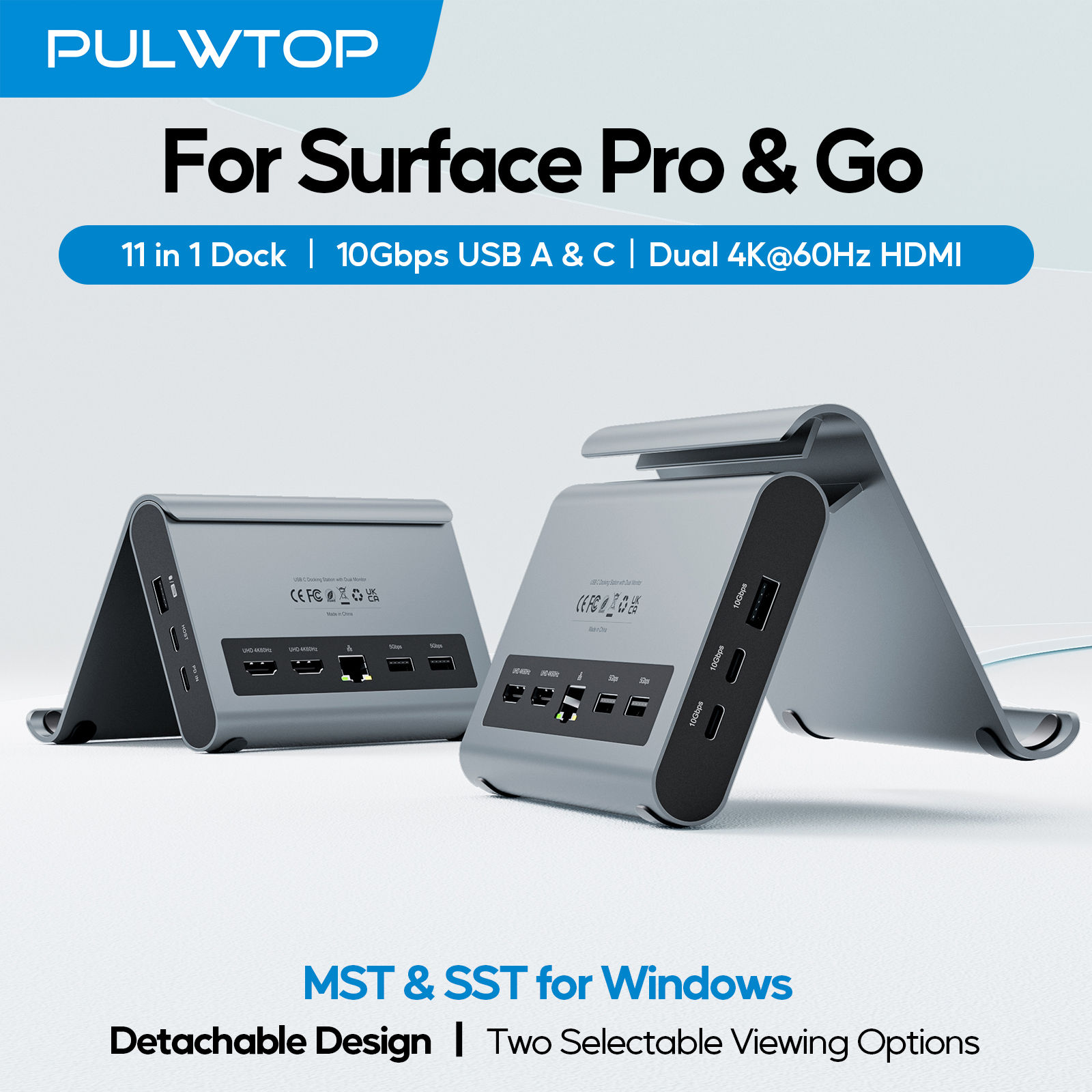 PULWTOP USB C Docking Station with 2 xHDMI 4K, USB-C/A 10Gbps, USB-A 5Gbps, Ethernet, PD, for Surface Pro 11/10/9/8