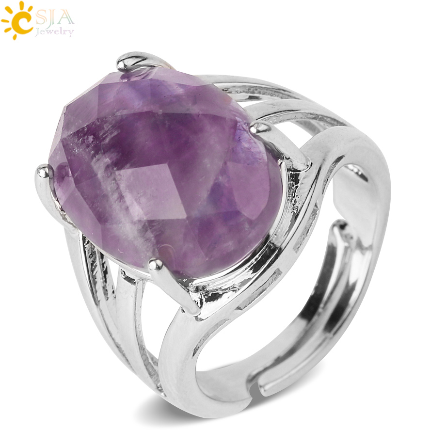 Egg Shape Natural Stone Crystal Rings Black Onyx Tiger Eye Pink Quartz Silver Color Finger Ring for Women Adjustable Ring G616