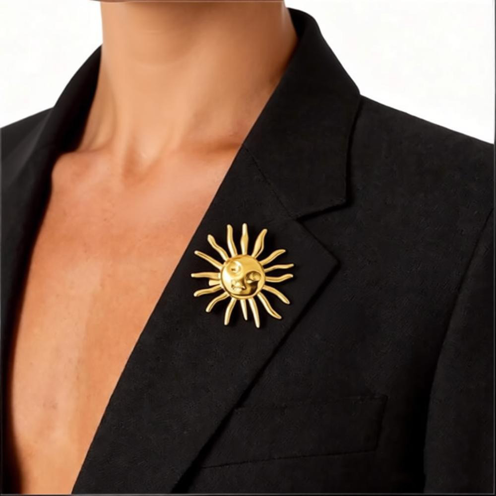 Stainless Steel Human Face Sun Brooch for Women Gold Color Wedding Aesthetic Irregular Sun Brooch Jewelry Accessories