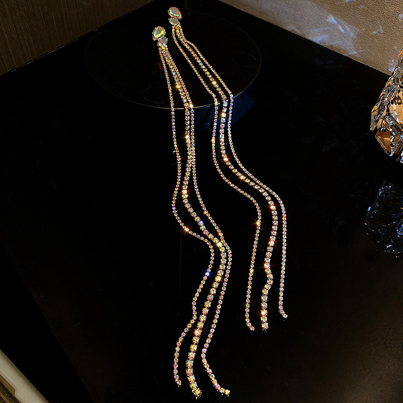 DREJEW Geometric Colorful Rhinestone Earrings for Women Oversize Long Tassel Crystal Dangle Earring Statement Jewelry