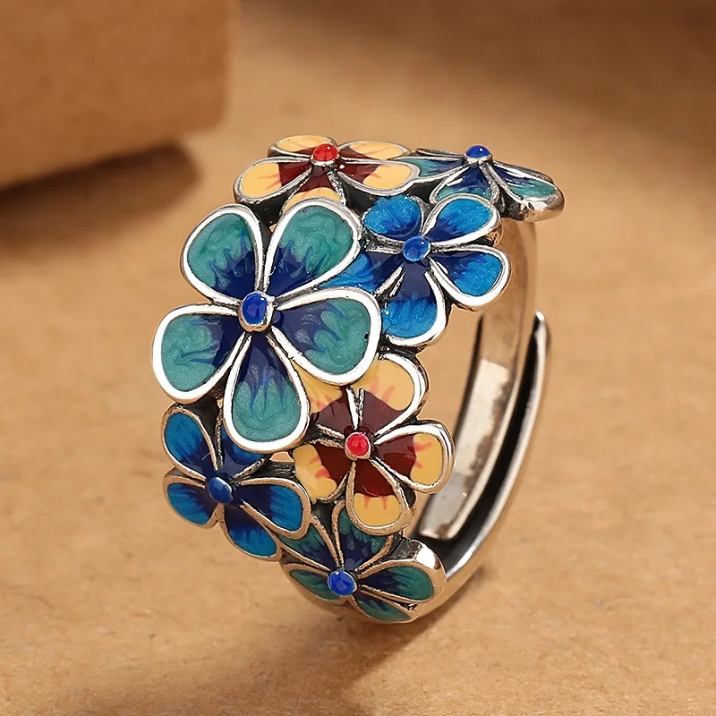 New Silver Color Cloisonné Enamel Flowery for Women with Atmospheric Retro Ethnic Style Opening Adjustable Creative Index Finger