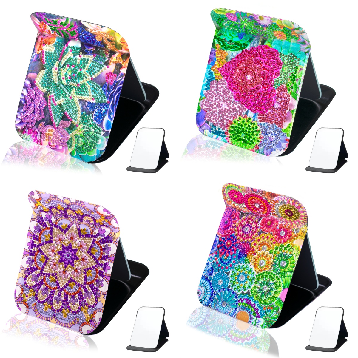 A DIY Floral Pattern Diamond Painting Art Makeup Mirror Stand and Mirror Setting, Portable Folding Mirror for Room Decoration
