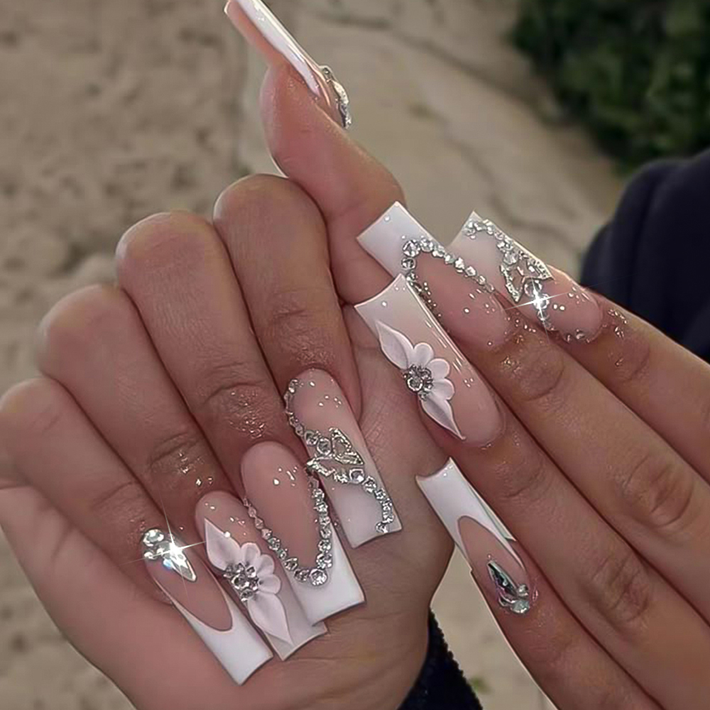 24Pcs Long Coffin French Fake Nails with 3D Butterfly Flower Rhinestones Handmade Press On Nail Datachable Square False Nailtip