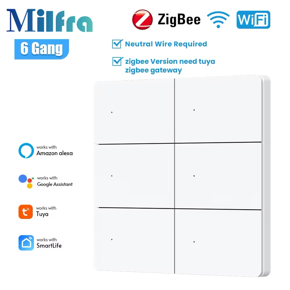 Zigbee Smart Touch Switch No Neutral Wire 1/2/3 Gang Works with Alexa/ Home/Tuya Smart Life App Remote Control Timer Voice