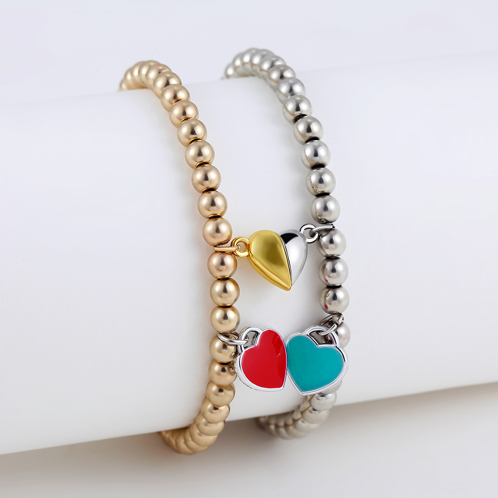 2Pcs Romantic ECG Heart Charms Couple Bracelet For Lover Women Men Magnetic Red Black Beaded Bracelets Party Jewelry