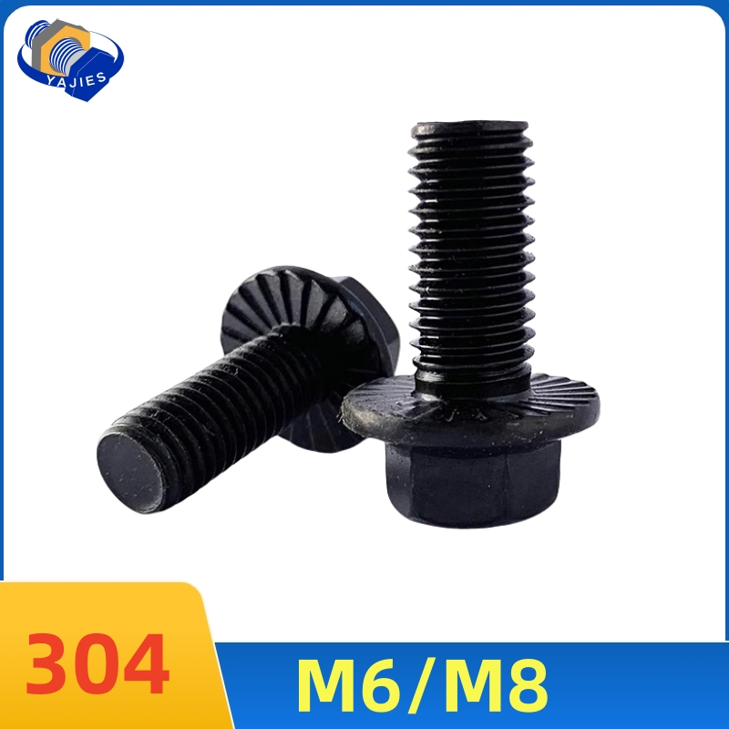 SS Black Stainless Steel Hex Flange Bolt M6 M8 304 Grade Anti-Scratch Serrated Flange Metric Thread for Car Motorcycle Scooter