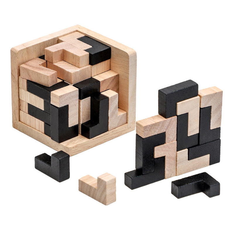L-Shape Jigsaw Logic Puzzle Cube Wooden Brain Teaser for Adults Kids IQ Challenge Intellectual Eductional Toys
