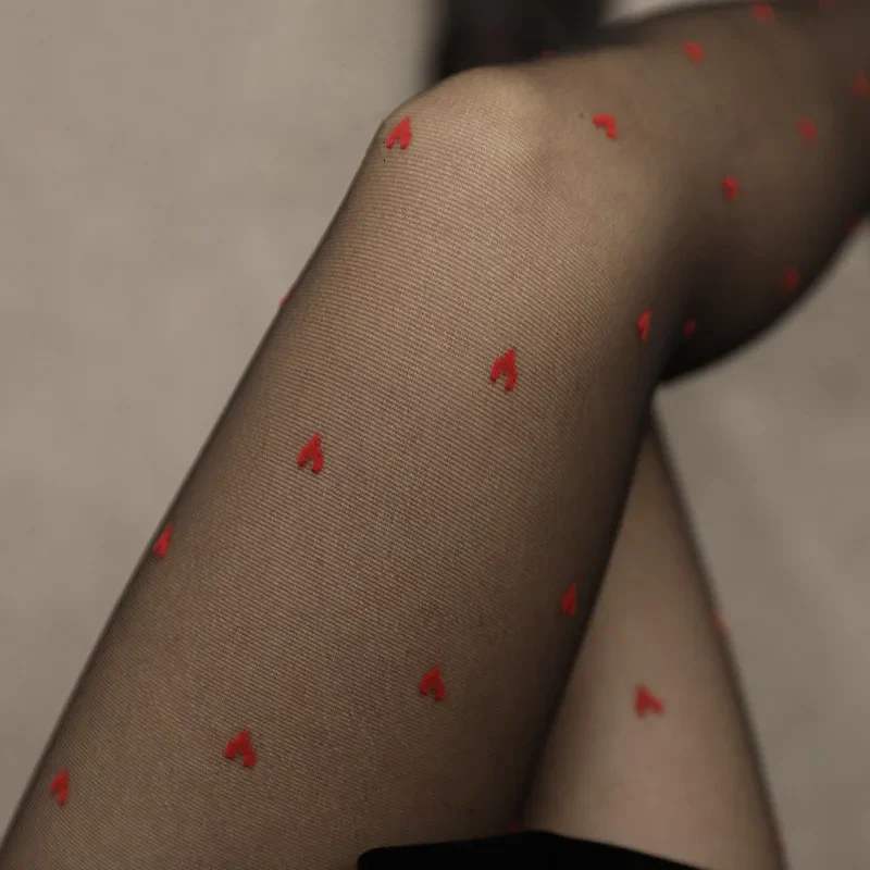 Sheer Kawaii Hosiery Ultra Thin Medias New JK Lolita Girl Thigh High Pantyhose Red Heart Print Women Tights Nylon Body Stockings