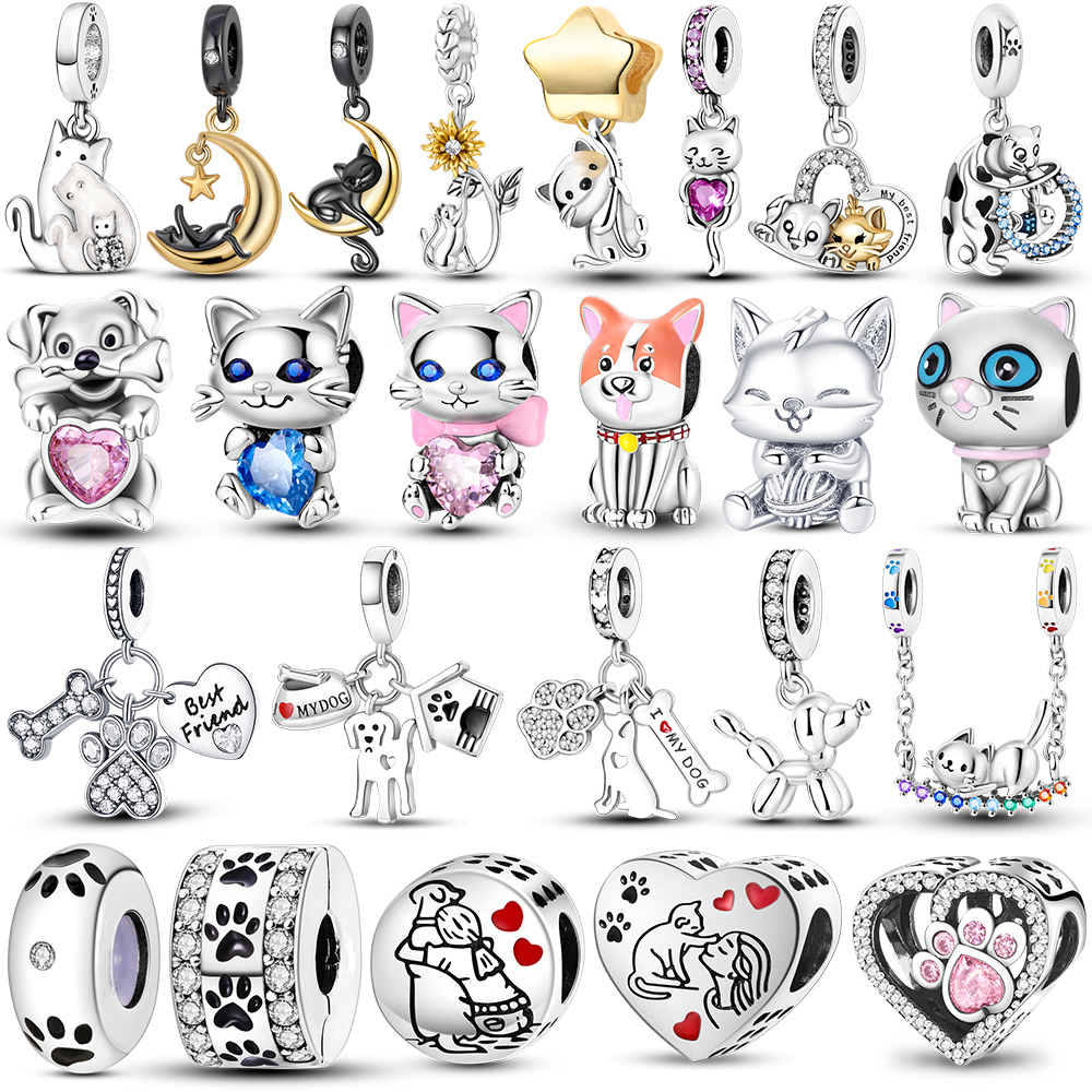 Silver Plated Cute Cat Collection Charms Beads Paw Print Pendant Fit Original DIY Bracelet Women Jewelry
