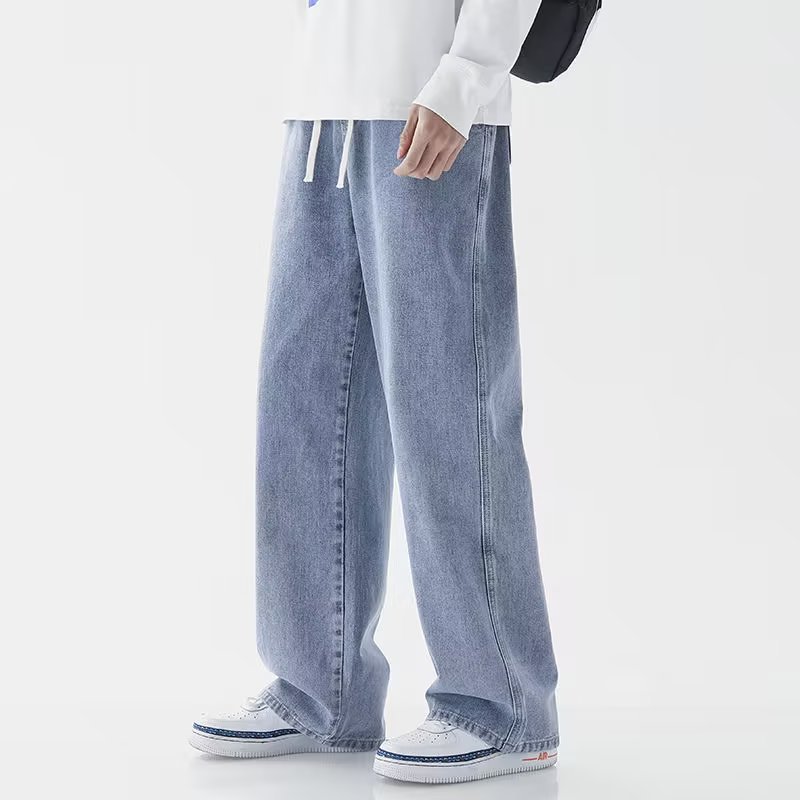 Korean Solid Colors Men's Casual Long Jeans Classic male Four Seasons Straight Denim Wide-leg Pants Light Blue Grey Black S-3XL