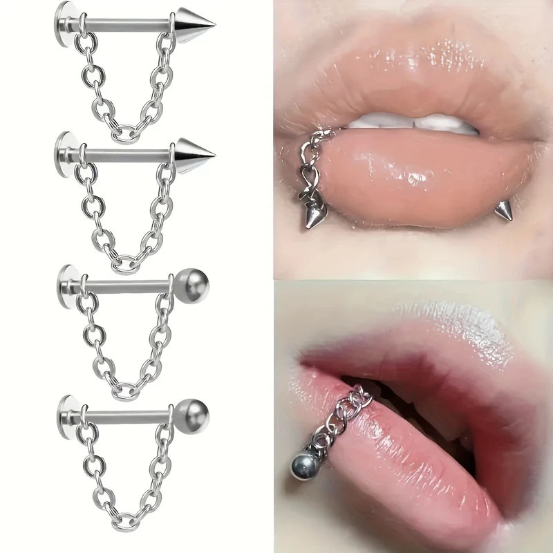 1 Pair Stylish Simple Stainless Steel Lip Studs Cartilage Earrings Detachable Chain Pierced Jewelry for Women Daily Party Wear