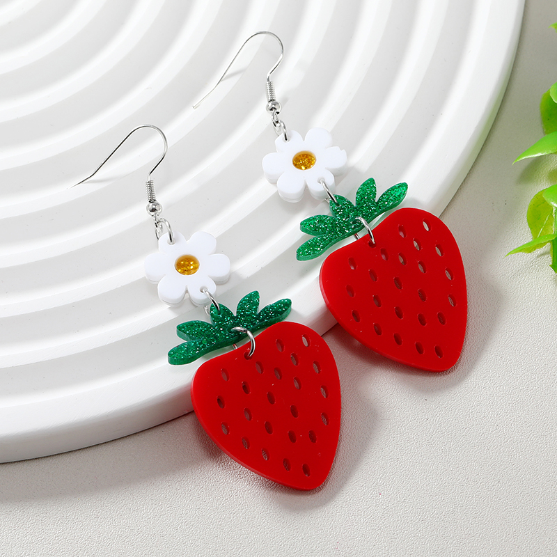 Acrylic board fruit super cute white flowers red strawberries summer personality exaggerated earrings