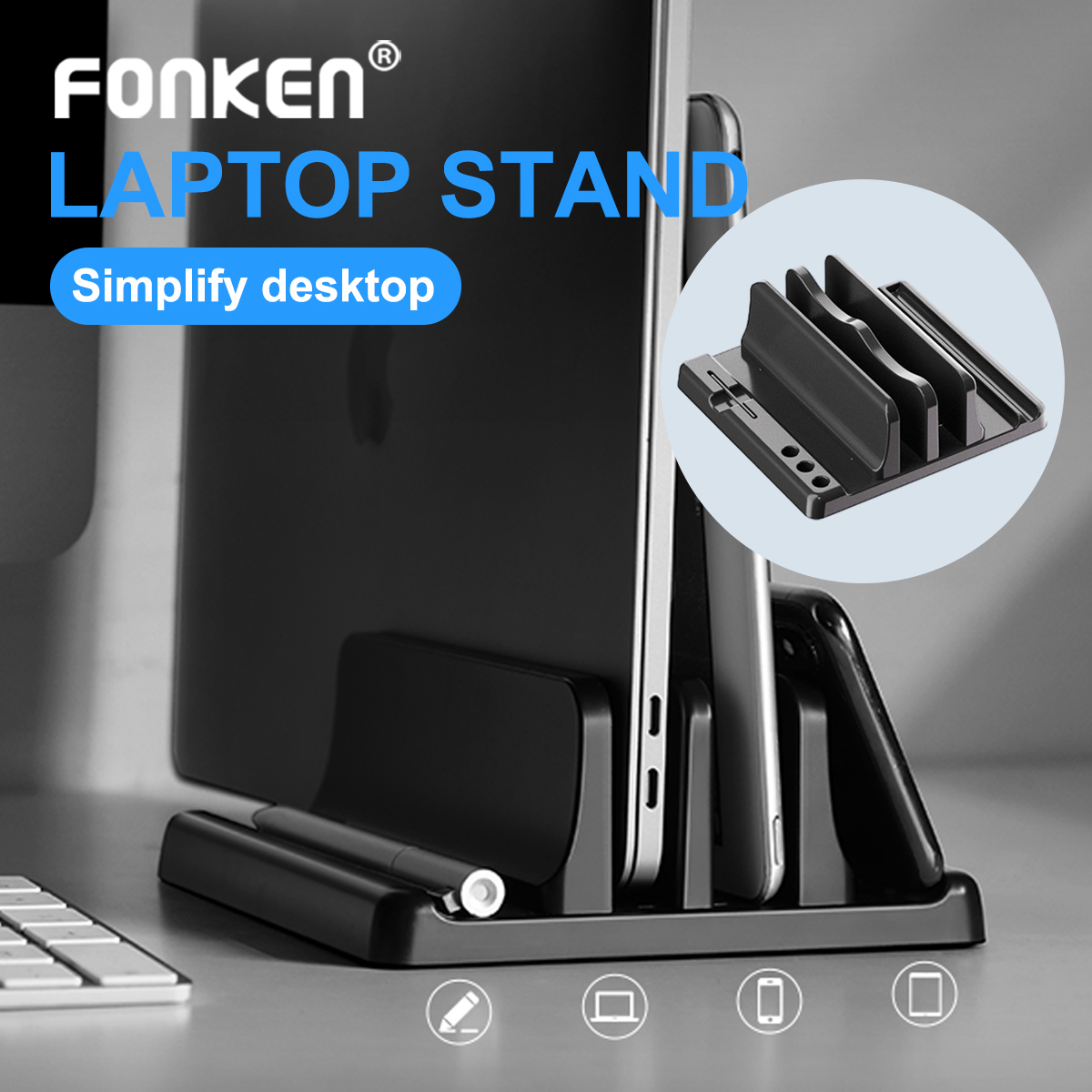 Adjustable 4 In 1 Dual Slot Vertical Laptop Stand Space Saving ABS Holder For MacBook iPad Chromebook Surface Desk
