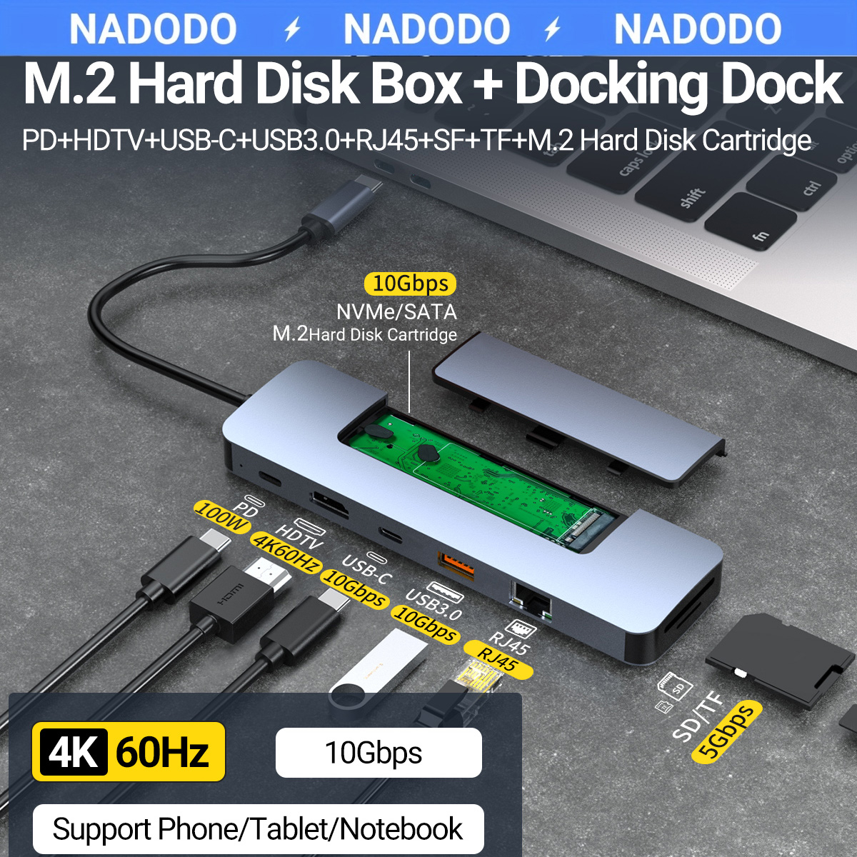 8-in-1 USB C Hub&M.2 SSD Enclosure Support NVME&SATA ,With 4K HD,USB 3.0,PD 100W,RJ45 1000M,SD/TF Reader for Laptops Macbook PC
