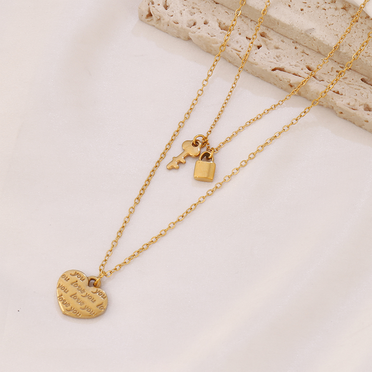 1Pc Stainless Steel Engrave love you Heart Pendant Necklace for Women Double Layer Chain Necklaces With Lock Key Charms Jewelry